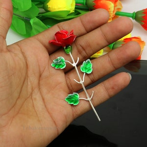 Solid sterling silver handmade small red Rose flower puja god temple article, excellent three color enamel silver worshipping articles su551