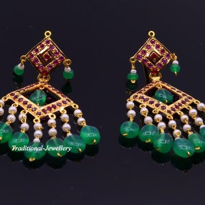 Authentic 22kt yellow gold handmade jadau earring dangling fabulous wedding anniversary gifting jewelry from rajasthan India image 2