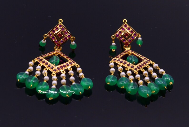 Authentic 22kt yellow gold handmade jadau earring dangling fabulous wedding anniversary gifting jewelry from rajasthan India image 2