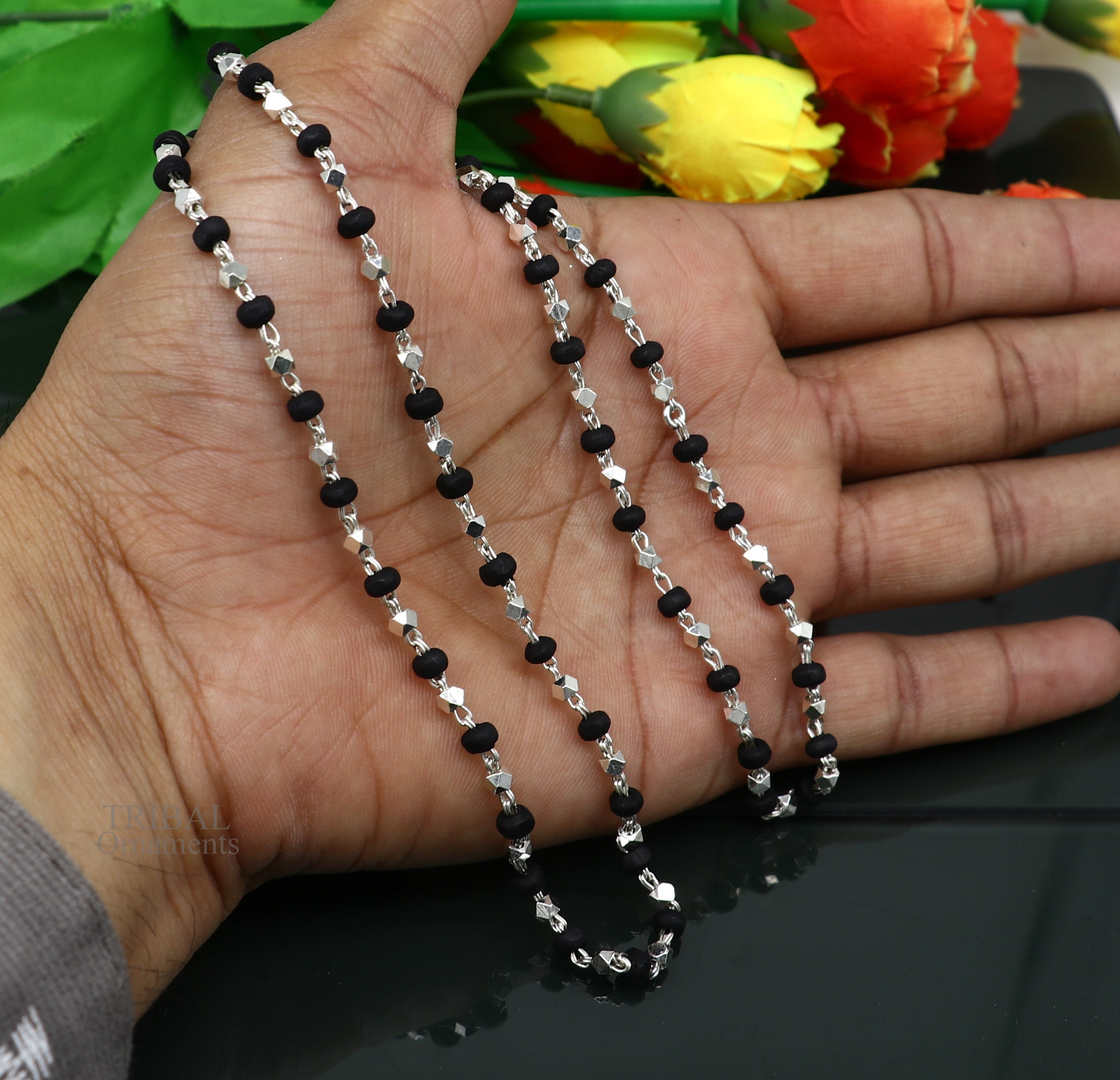 24インチ 925 スターリングシルバー ブラック ホーリーバジル ロザリオ