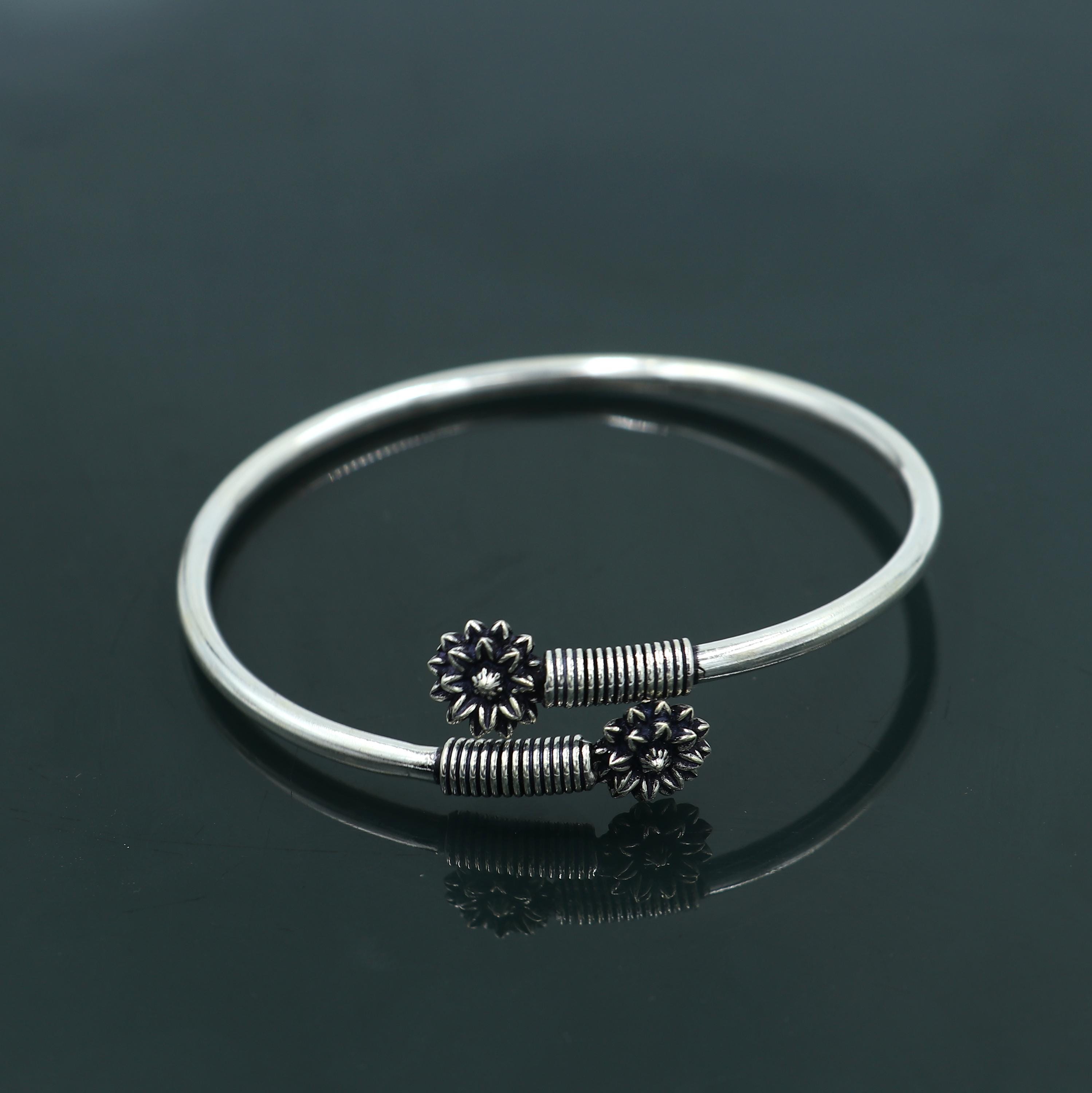 925 Sterling Silver Handmade Flower Design Stylish Kada Bangle