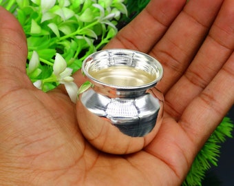 Pure 925 sterling silver handmade plain small Kalash or pot, unique special silver puja article, water or milk kalash pot india sv201