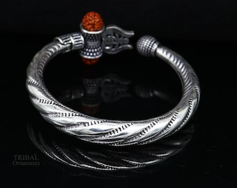 Divine 925 Sterling silver handmade chitai work Lord Shiva trident trishul bangle bracelet natural Rudraksha beads customized kada nsk442