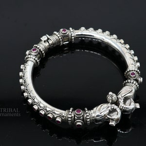 925 Sterling silver handmade vintage peacock design garnet stone studded tribal ethnic belly dance bangle bracelet gifting kada nsk438