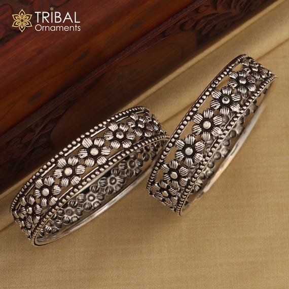 925 Sterling Silver Handmade Customized Flower Design Bangle Kada