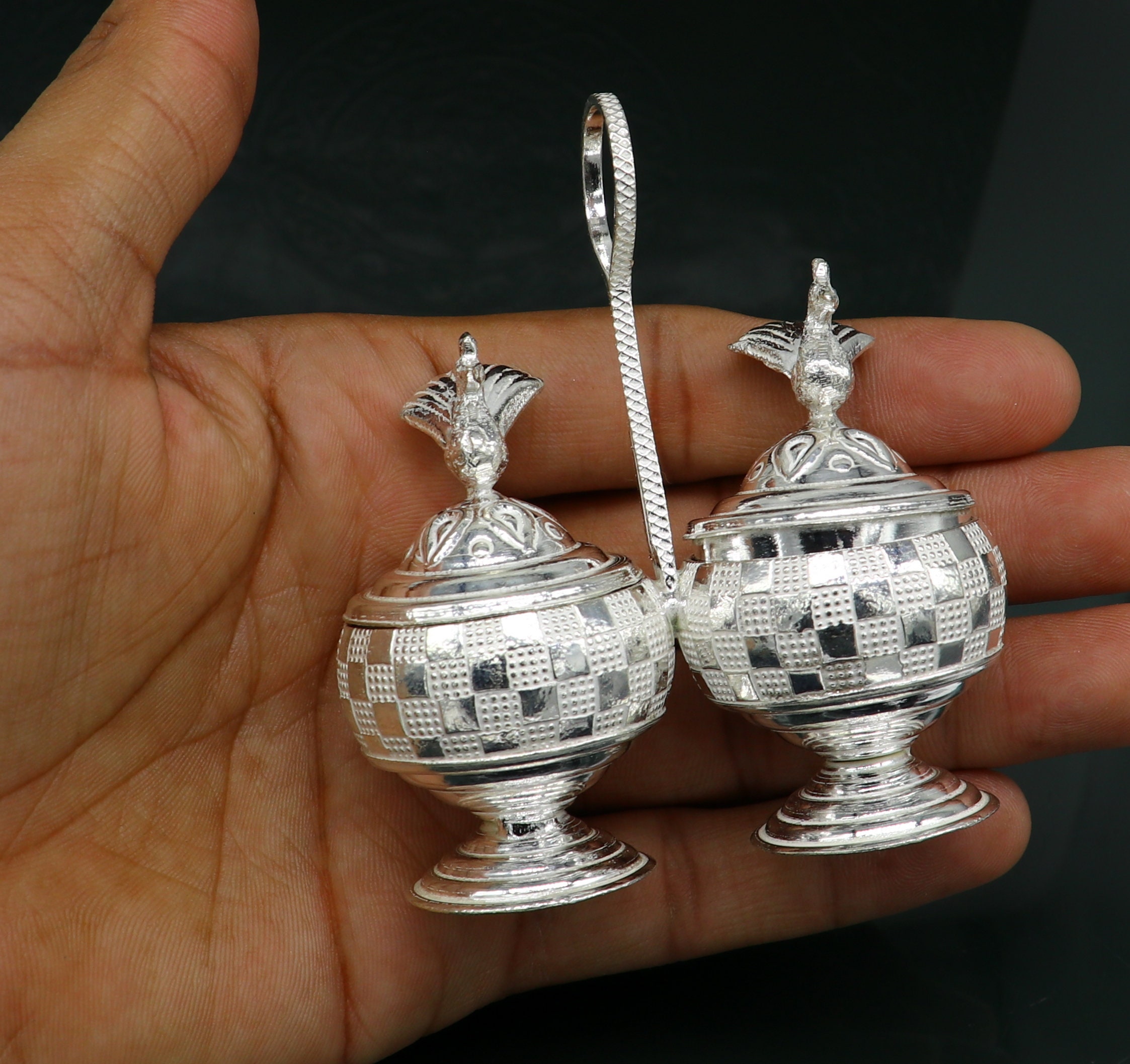 Vintage Sterling Silver Peacock Trinket Box, Excellent Kumkum