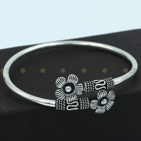925 Sterling Silver Handmade Double Flower Design Stylish Kada
