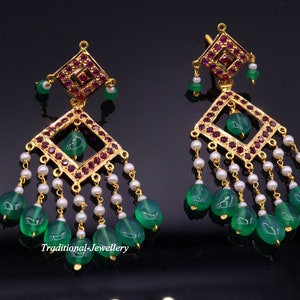 Authentic 22kt yellow gold handmade jadau earring dangling fabulous wedding anniversary gifting jewelry from rajasthan India image 1
