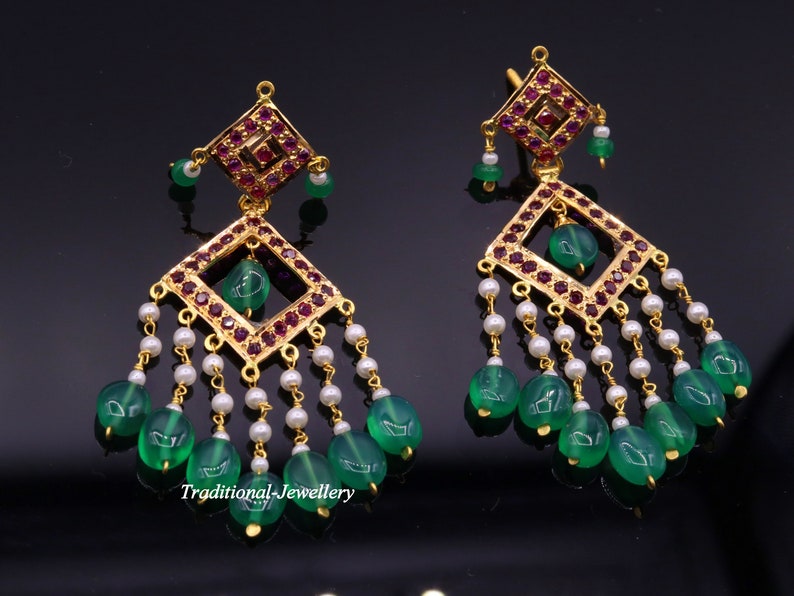 Authentic 22kt yellow gold handmade jadau earring dangling fabulous wedding anniversary gifting jewelry from rajasthan India image 1