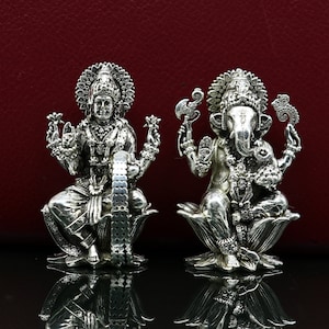 2&quot; 925 Sterling silver handmade customized Hindu idols Lakshmi and Ganesha statue, puja article figurine, home décor Diwali puja gift