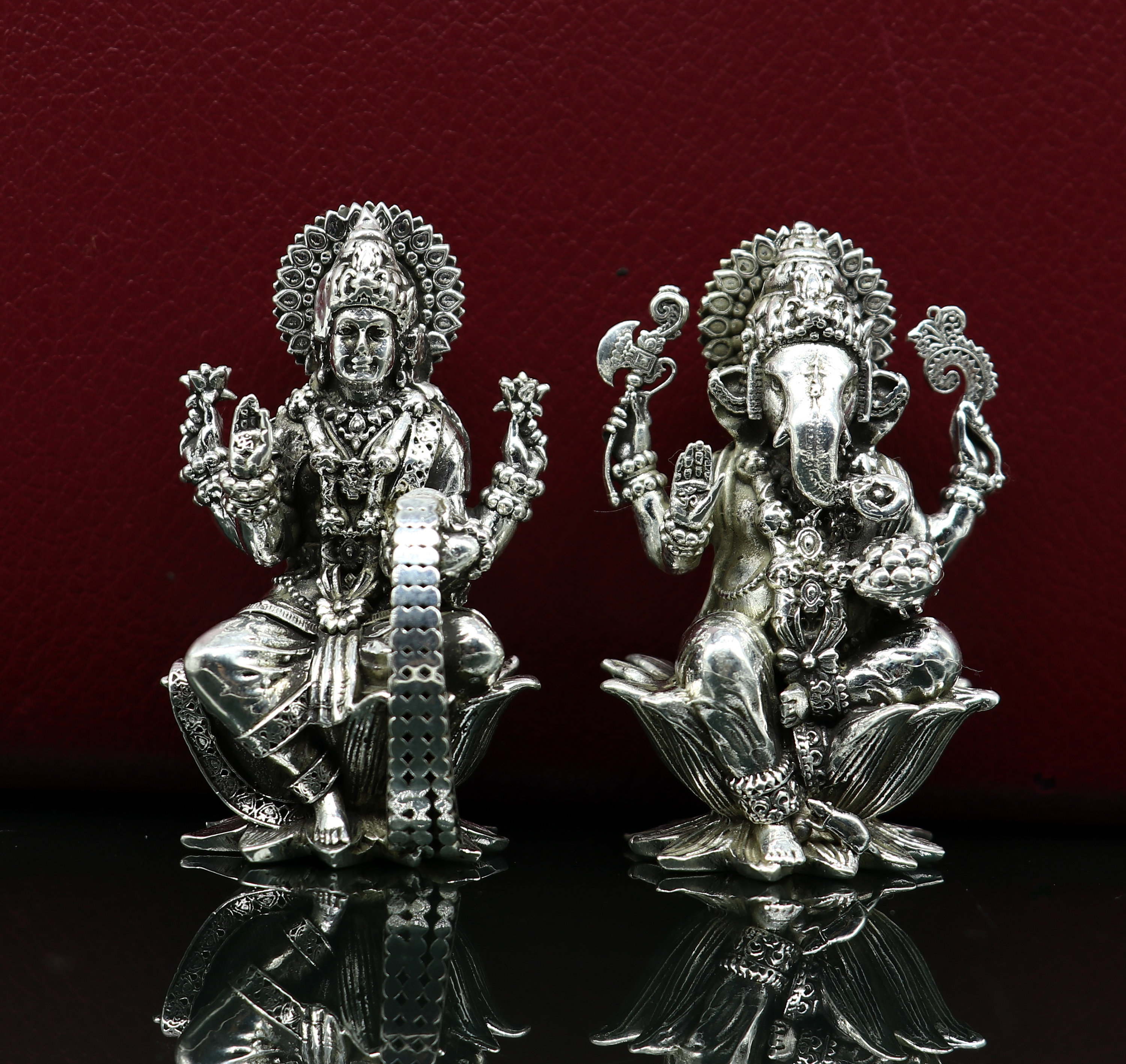 FINE PURE SILVER LAXMI GANESH SARASWATI HINDU IDOL STATUE FOR HOME