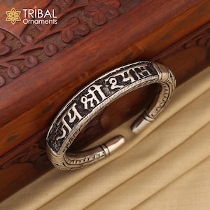 Divine kada lord krishna &quot;jai shri shyam&quot; matra handmade 925 sterling silver kada, best unisex bangle kada jewelry from india nsk712