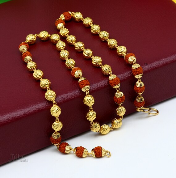 22k Yellow Gold Handmade Gold Beads With Rudraksha Beads Chain