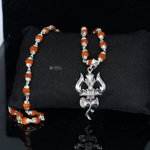 925 sterling silver handmade Divine Lord shiva trident pendant & Rudraksha chain, holy pendant protect from negative energy nsp757