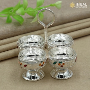 925 sterling silver flower design tilak combo mini bowl, tilak patra, puja utensils, temple article su1356
