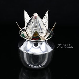 925 Sterling silver handmade gorgeous coconut with betel leaf puja kalash, best worshipping utensils, silver article puja art temple su947