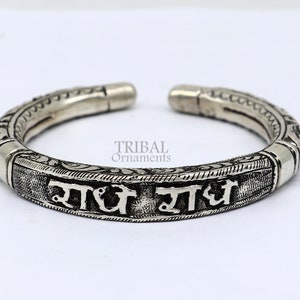925 Sterling silver handmade Nakshi work design  &quot;Radhe Radhe&quot; Goddess Radha mantra bracelet kada divine unisex tribal ethnic jewelry nsk655
