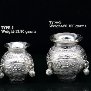 Pure 925 sterling silver handmade plain small Kalash or pot, unique special silver puja article, water or milk kalash pot india su760