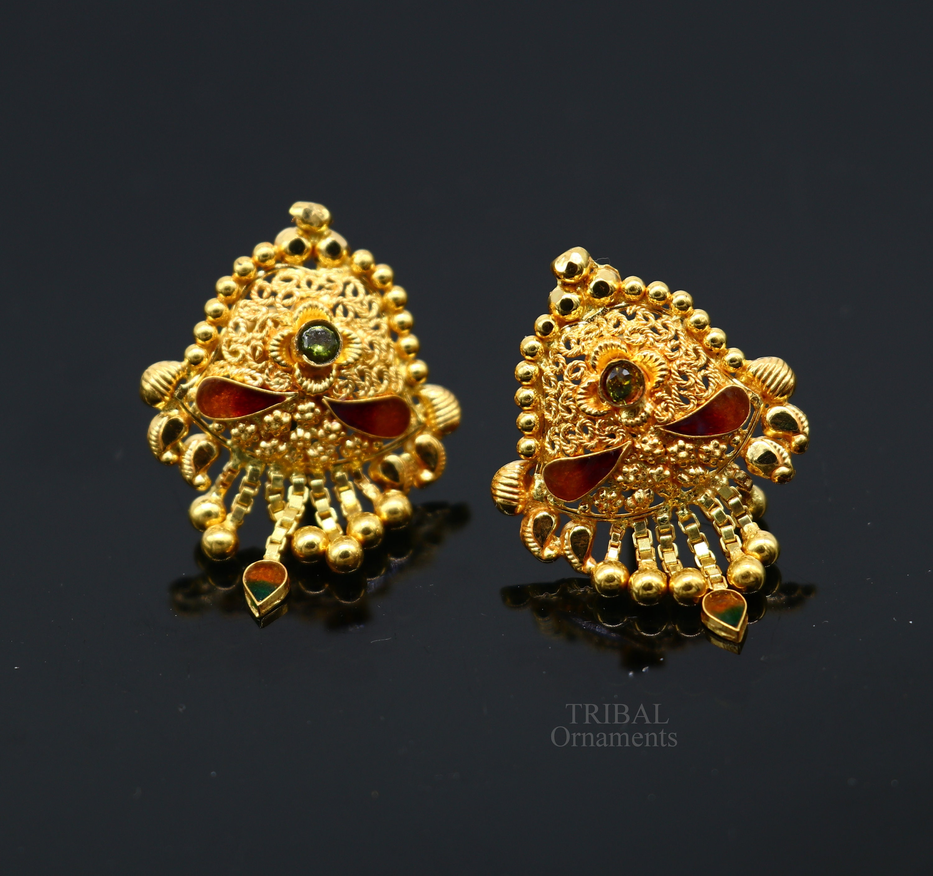 22k yellow gold fabulous handmade filigree work vintage style stud earrings elegant wedding hallmarked jewelry from rajasthan Indian er131