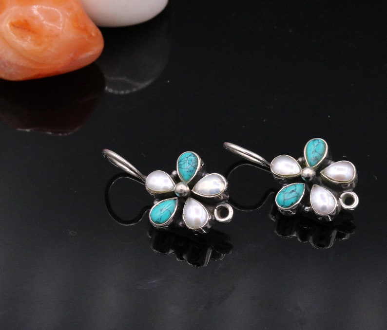 925 Sterling silver handmade fabulous Hoops earrings with gorgeous pearl and turquoise stone flower shape stylish jewelry from india s102