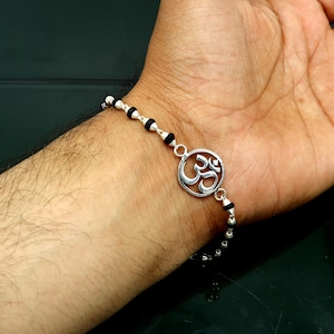 925 Sterling silver customized tulsi beaded &#39;AUM&#39; Rakhi or bracelet. best gift for your brother&#39;s  for special Rakshabandhan rk015
