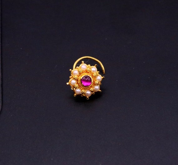 20k Yellow Gold Handmade Fabulous Red Stone Pearl Nose Pin