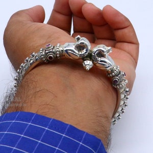 925 Sterling silver handmade vintage peacock design cubic zircon stone tribal ethnic belly dance bangle bracelet gifting kada nsk490