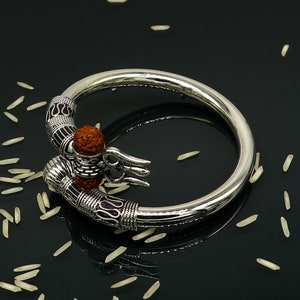 925 Sterling silver handmade plain shiny Lord Shiva trident trishul kada bangle bracelet with natural Rudraksha customized kada nssk415