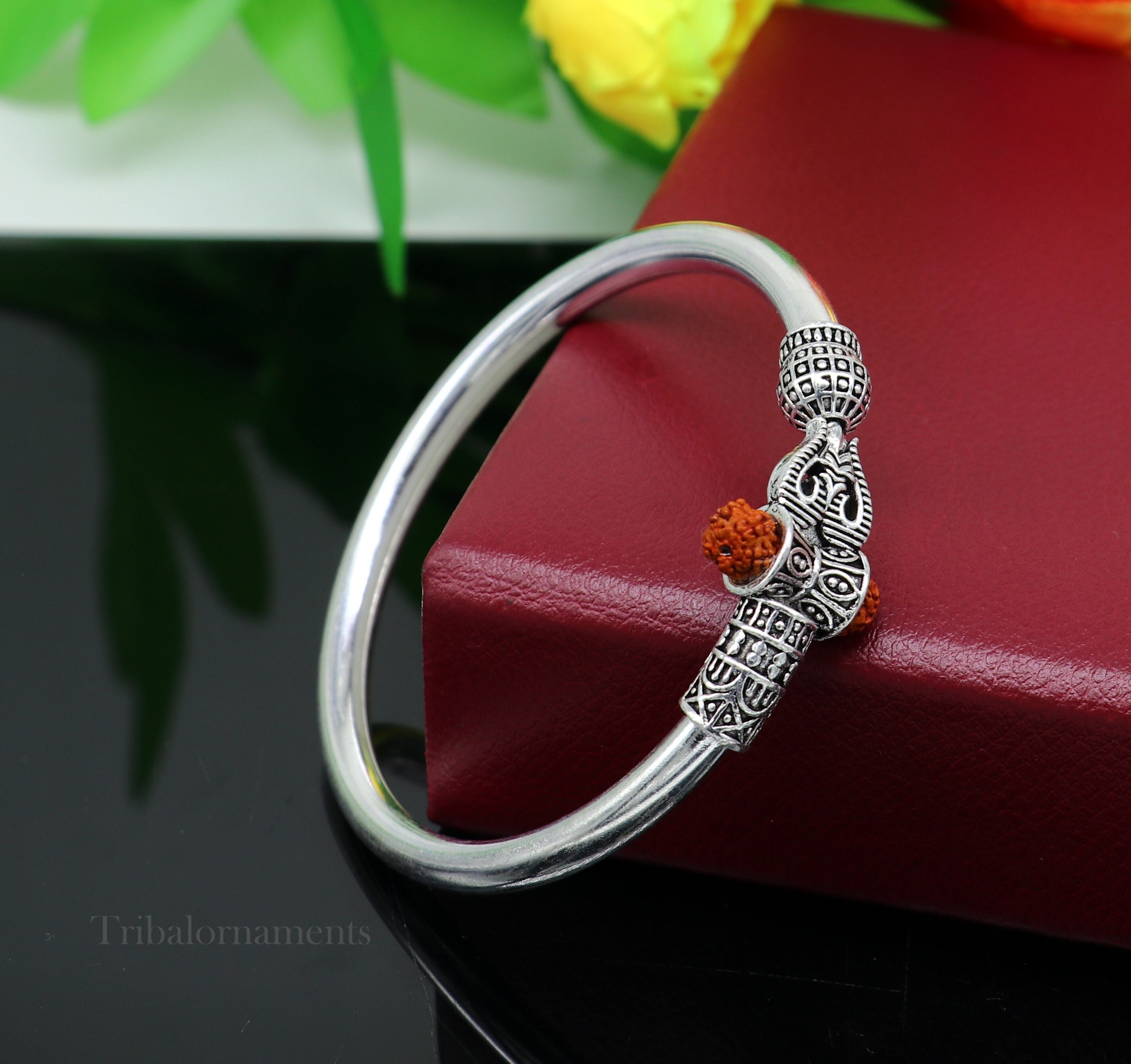 Lord Shiva Trident Kada Bracelet Sterling Silver Rudraksha