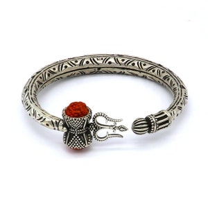 925 Sterling silver handmade chitai work Lord Shiva trident trishul kada bangle bracelet with natural Rudraksha customized kada nsk513