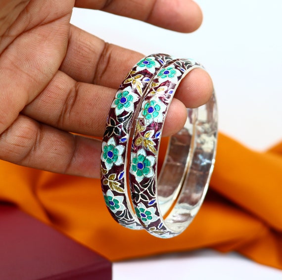 Silver enamel bangle deals