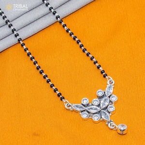 925 sterling silver black beads and white cut stone mangal sutra necklace brides Mangalsutra chunky necklace ms83