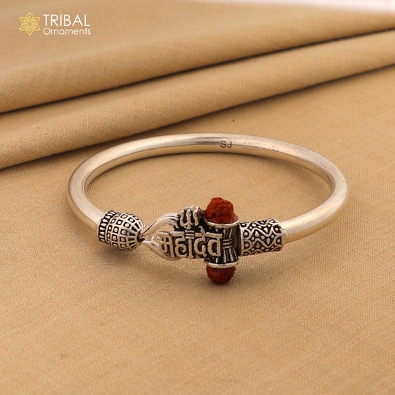 925 Sterling Silver Shiva Trishul and Mahadev Rudraksha Bangle