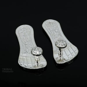 2.5&quot; sterling silver handmade Charan paduka or slippers for idol krishna, laddu gopala, little krishna or Vshnu Narayana puja art su645
