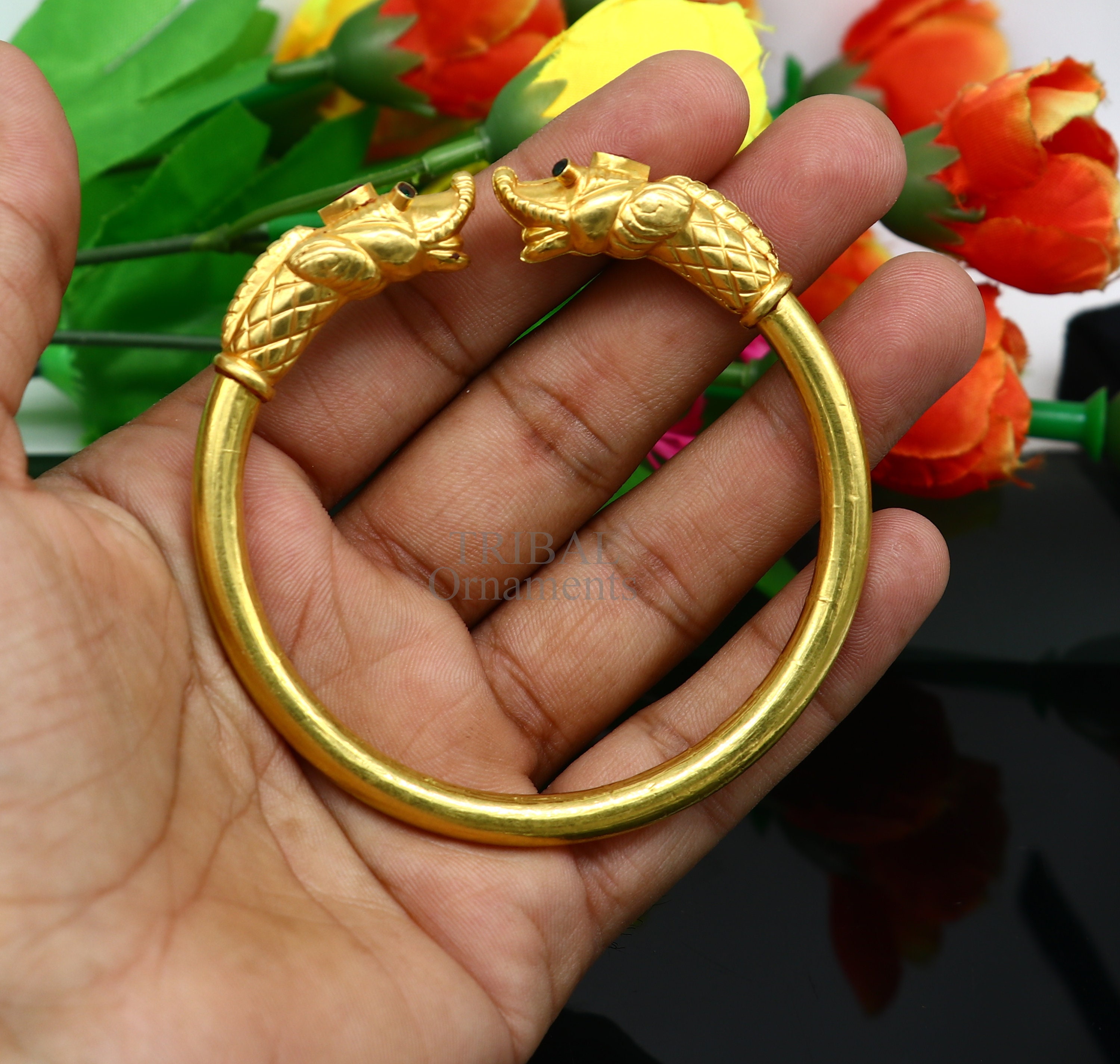 22k yellow gold handmade fabulous vintage elephant face Design bangle bracelet kada certified hallmarked jewelry for girls women s gk04