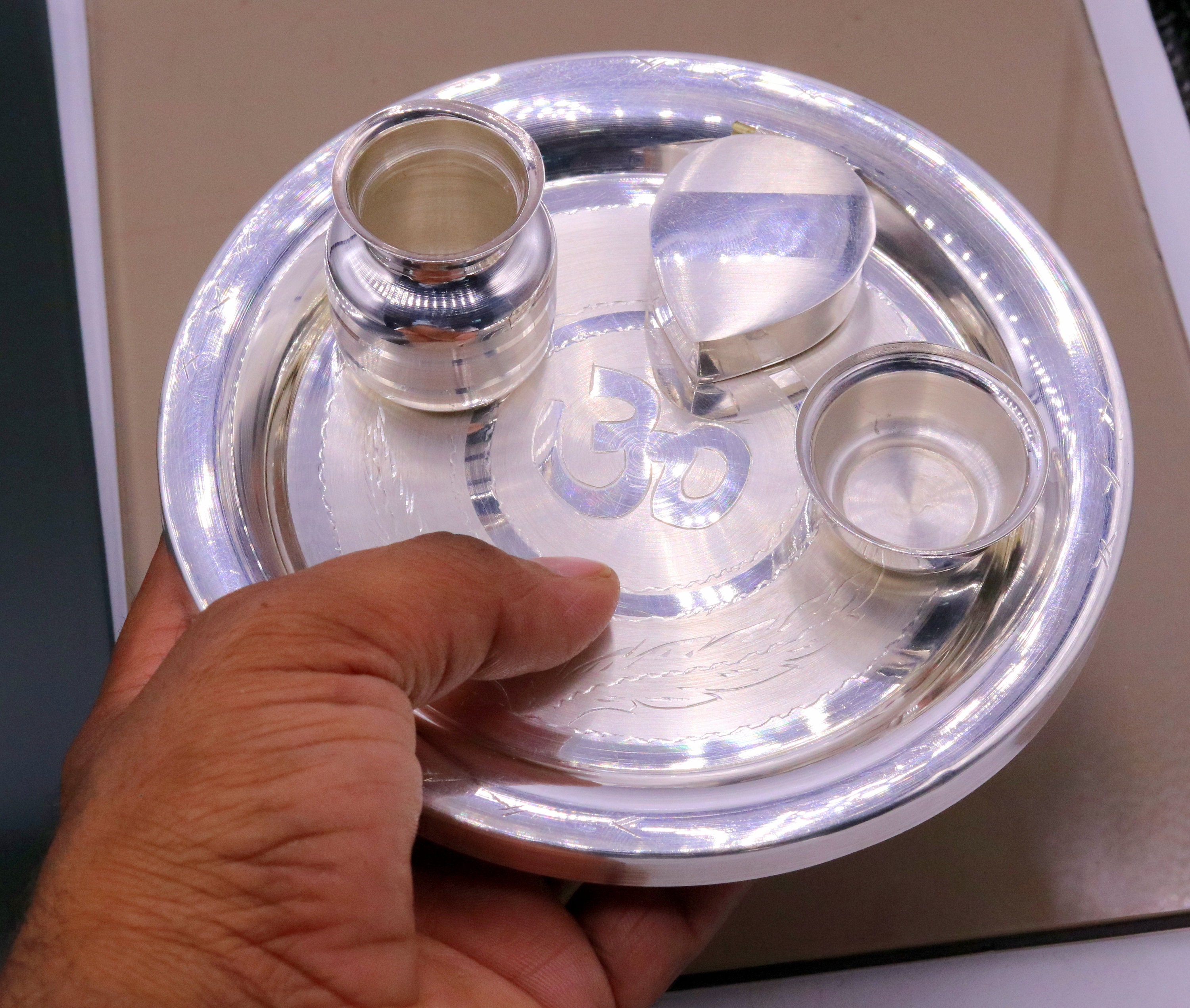 999 Fine Pure Sterling Silver Handmade Plate Puja Thali 5.5 Wide