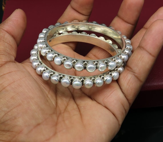 Excellent Designer 925 Sterling Silver Pearl Bangle Bracelet