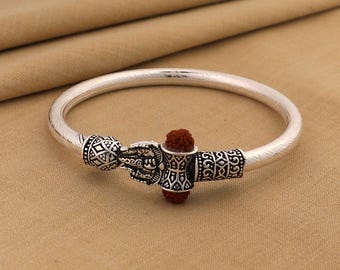 925 Sterling Silver Shiva Trishul and Rudraksha Bangle Bracelet