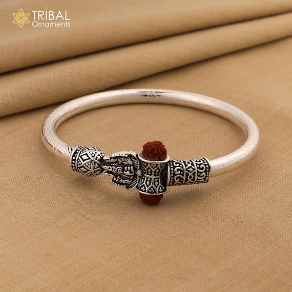 925 Sterling Silver Shiva Trishul and Rudraksha Bangle Bracelet