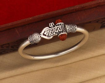 925 Sterling Silver Shiva Trishul and Mahadev Rudraksha Bangle