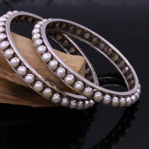 925 sterling silver gorgeous pearl bangle bracelet, fabulous oxidized customized bridal made gifting single bangle jewelry from india ba53