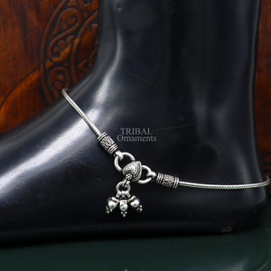 10.5&quot; 925 Sterling silver handmade wheat chain ankle bracelet, vintage oxidized charm anklets, tribal belly dance customized jewelry nank468