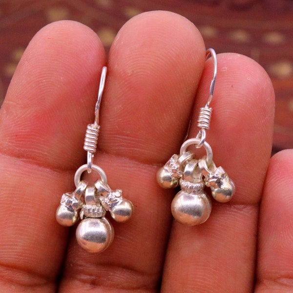 Traditional design sterling silver hoops earrings, fabulous hanging pretty bells drop dangle earrings tribal jewelry from india s644