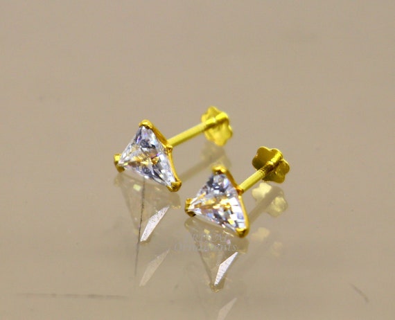 3mm 18kt yellow gold handmade single white stone back screw square shape stud  earring cartilage customized unisex jewelry er144 | TRIBAL ORNAMENTS
