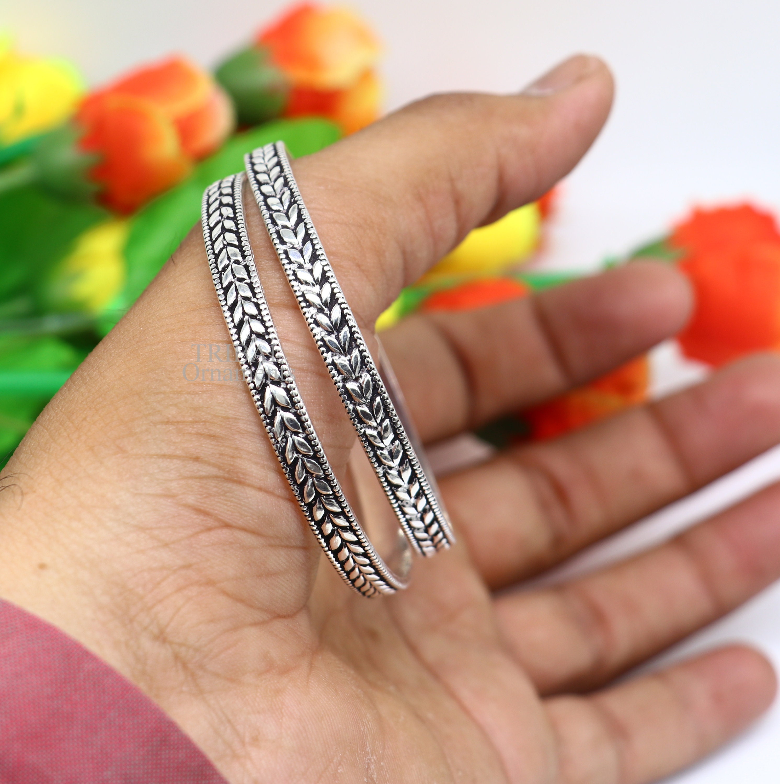 925 Sterling Silver Handcrafted Floral Design Bangles Bracelet