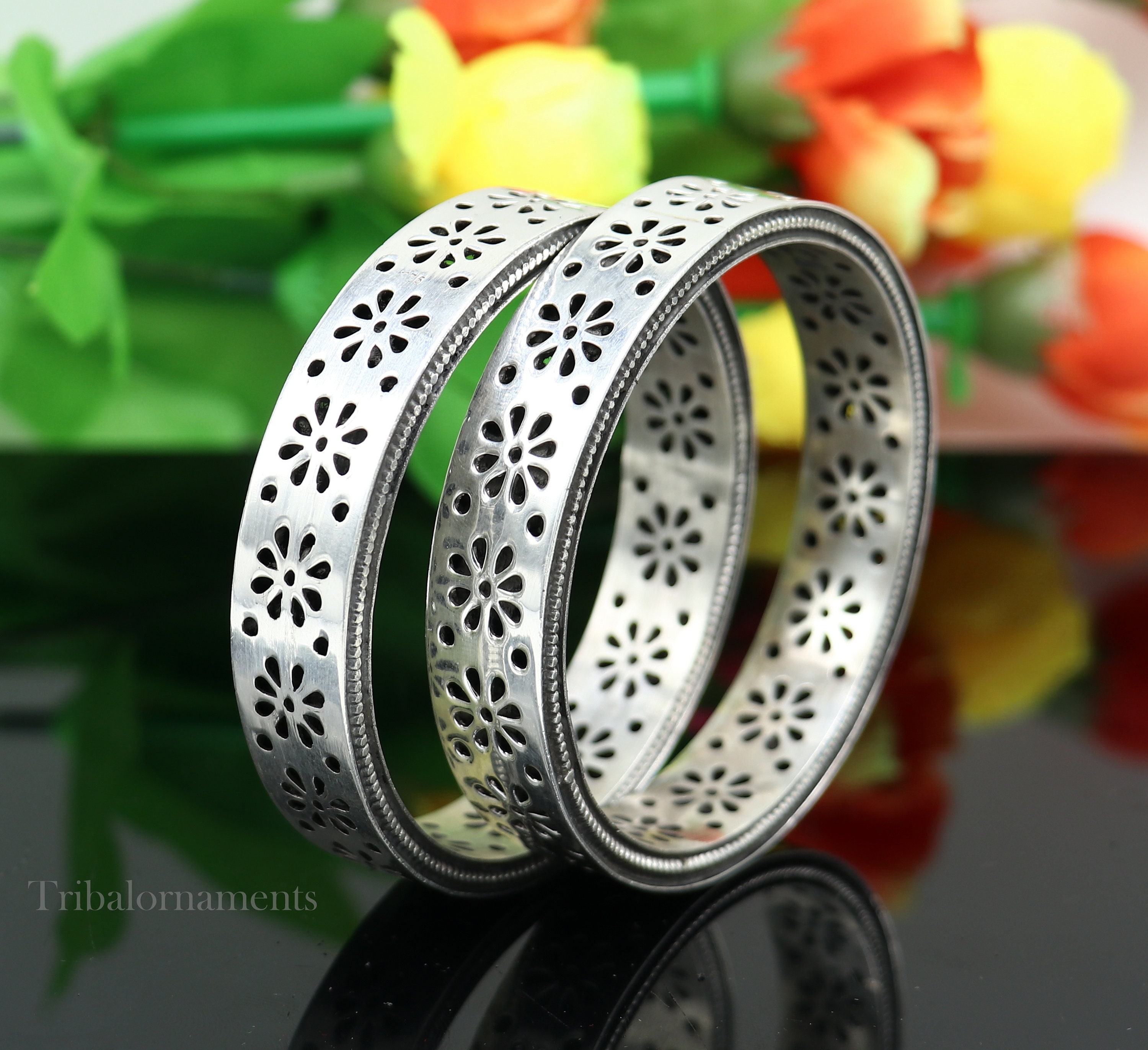 925 Sterling Silver Handmade Floral Work Bangle Bracelet