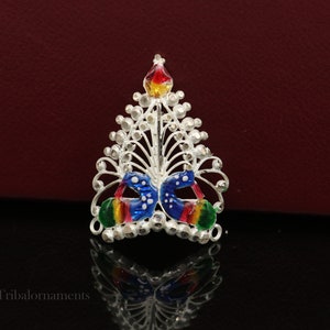 Baby krishna crown or mukut fabulous enamel peacock design solid silver handmade idol krishna mukut gifting crawling krishna jewelry su527