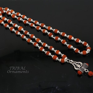 925 sterling silver natural rudraksha beads chain with pendant amazing trident pendant necklace unisex silver jewelry set496