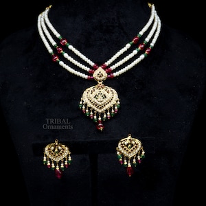 Punjabi set 22kt Gelbgold handgemachte Halskette Set, erstaunliche Halskette Schmuck stilvolle Perlenkette Anhänger und Ohrringe Set86 gepunzt