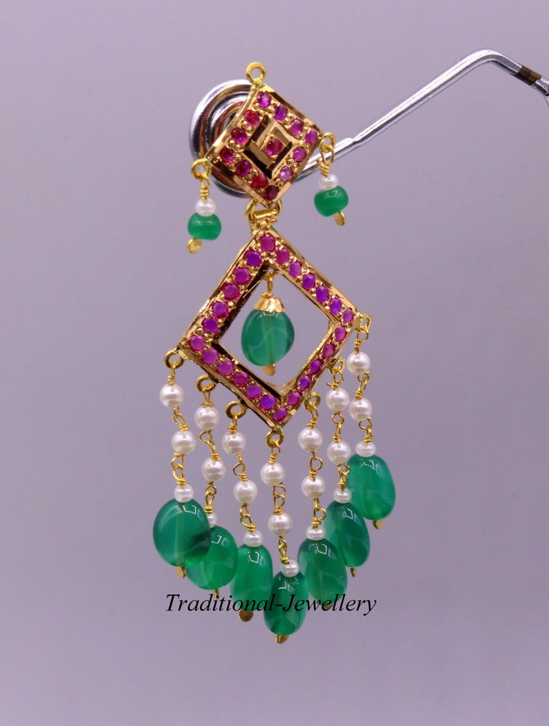 Authentic 22kt yellow gold handmade jadau earring dangling fabulous wedding anniversary gifting jewelry from rajasthan India image 7